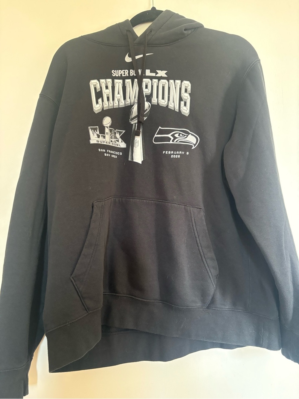 Nike Black Crewneck Hoodie with White Seahawks Champions Graphics